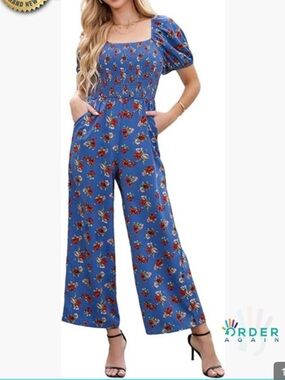 👗Welove Fashion Blue Floral jumpsuit with Puff Sleeves